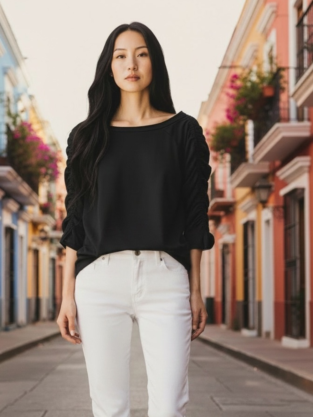 Pilcro Anthropologie Women’s Black Ruched Sleeve Top